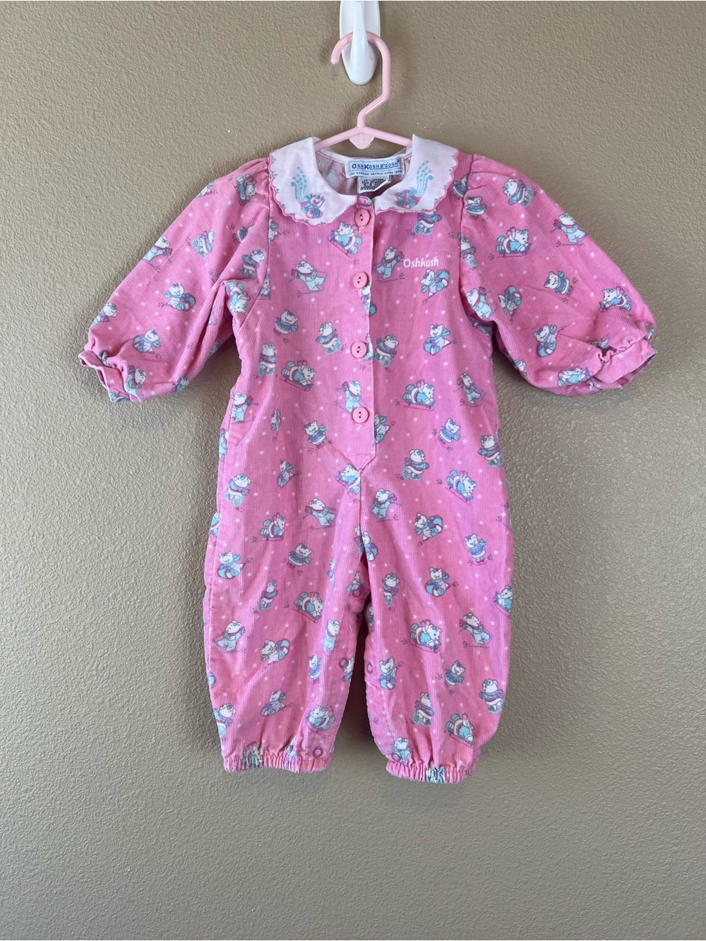 Oshkosh vintage pink corduroy with snow bear print jumpsuit